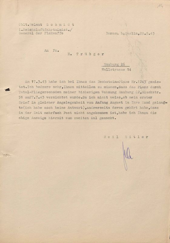 Brief von Helmut Schmidt an die Firma Trübger, die mit Pianos handelt.