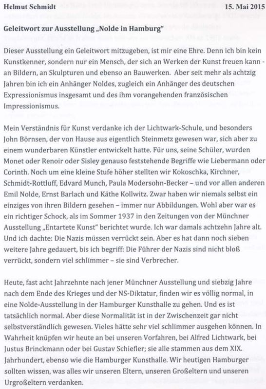 Manuskriptseite von Helmut Schmidt zur Nolde-Ausstellung in der Hamburger Kunsthalle.