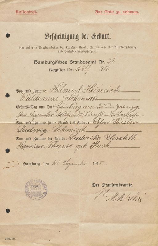 Handschriftlich ausgefüllte Geburtsurkunde für Helmut Heinrich Waldemar Schmidt.